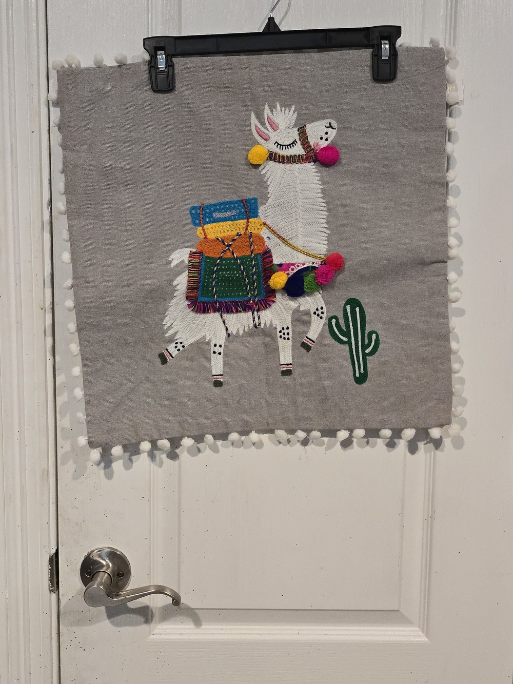 Gray Llama Pillow Cover with Colorful Embroidery and Pom-Poms